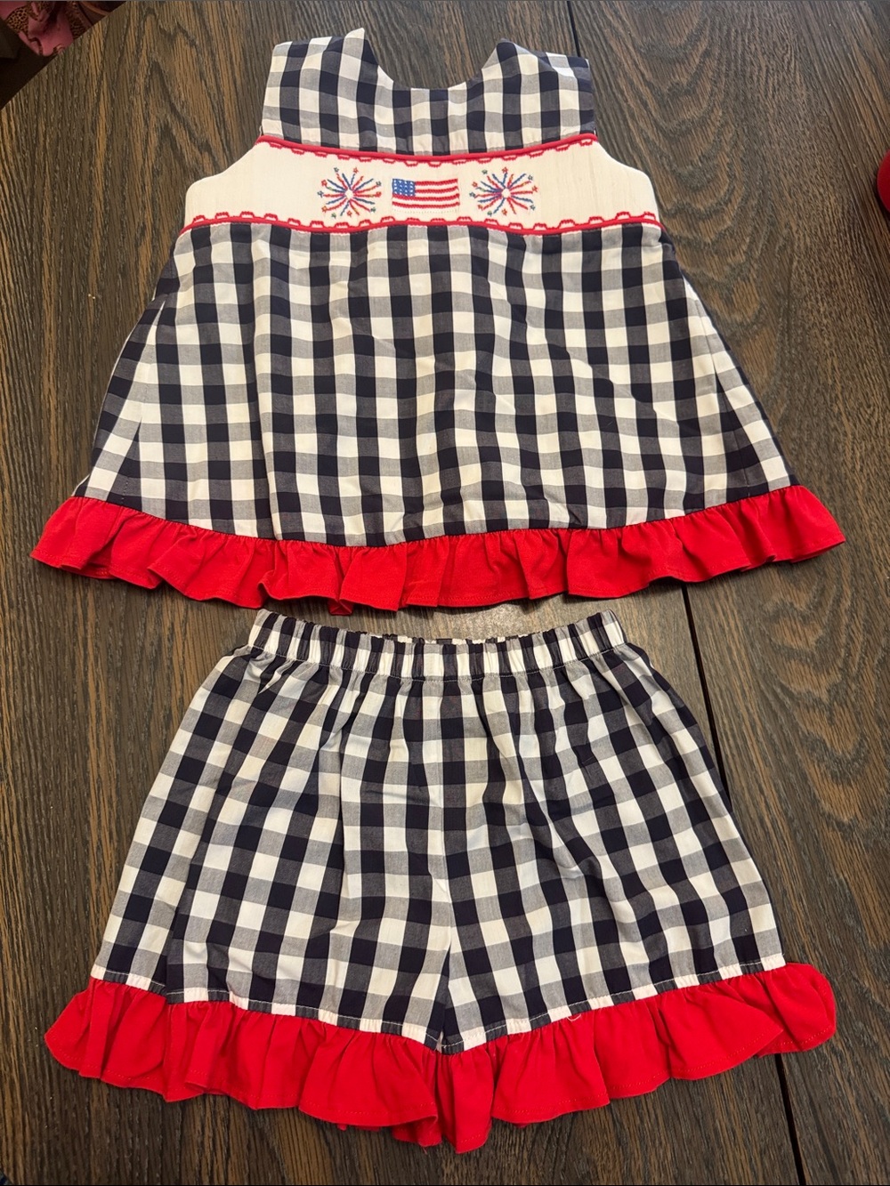 Stitchy Fish 5 Patriotic Navy Gingham Cotton Shorts Set with Red Ruffle Trim